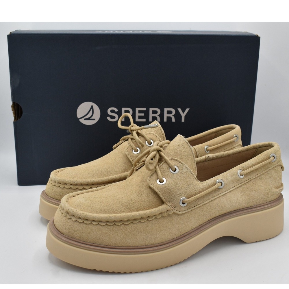 Sperry Bayside Boat Shoes Women 9 Bone Beige NEW Platform Suede Loafers Lug Sole